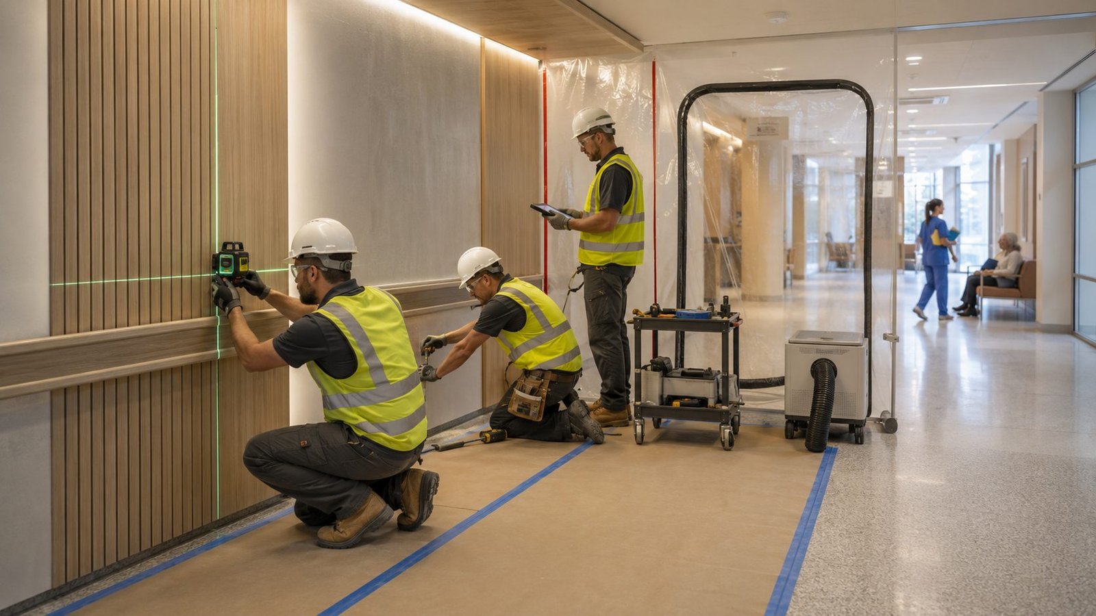 Renovation crew working in a separated area beside an open facility corridor