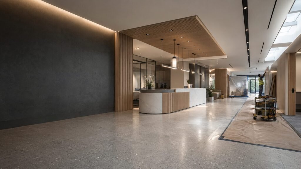 Protected flooring and a separated work strip beside a building reception area