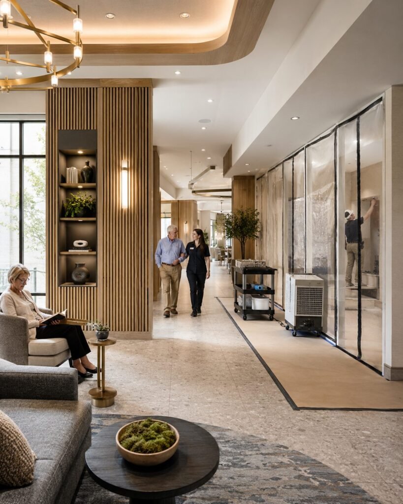 Seating and circulation beside a screened renovation work area