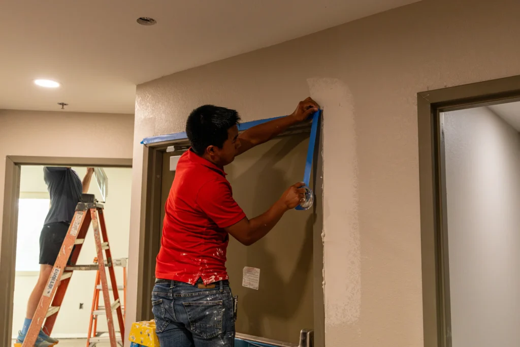 Crew member masking a door frame before painting